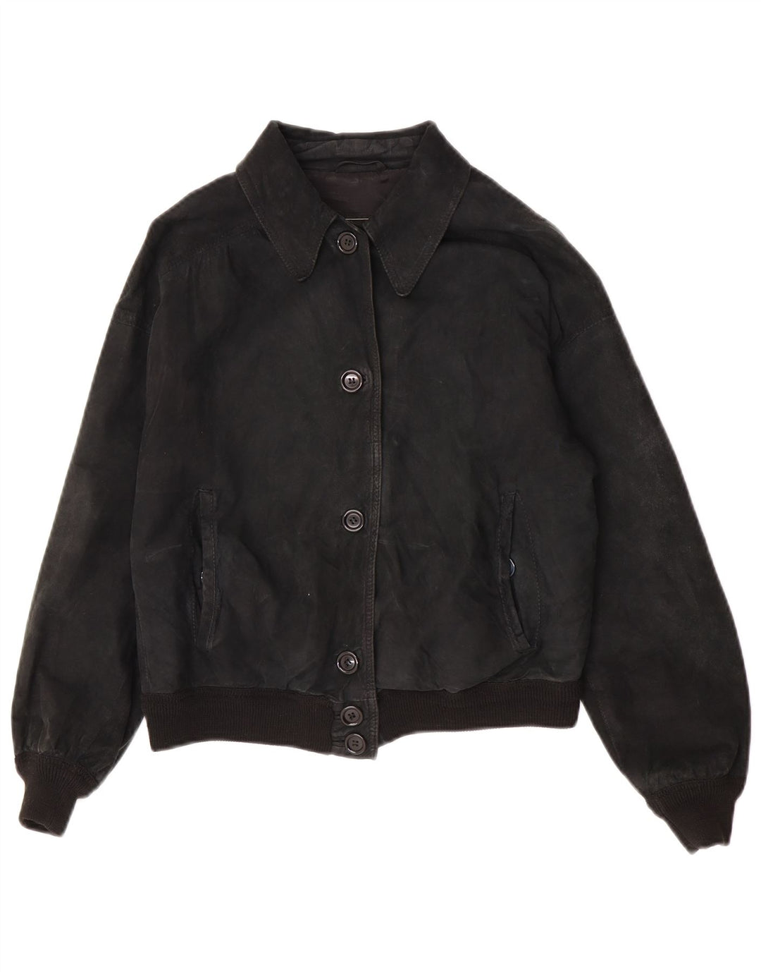 Vintage mujer crop ante chaqueta Reino Unido 14 Medio Negro