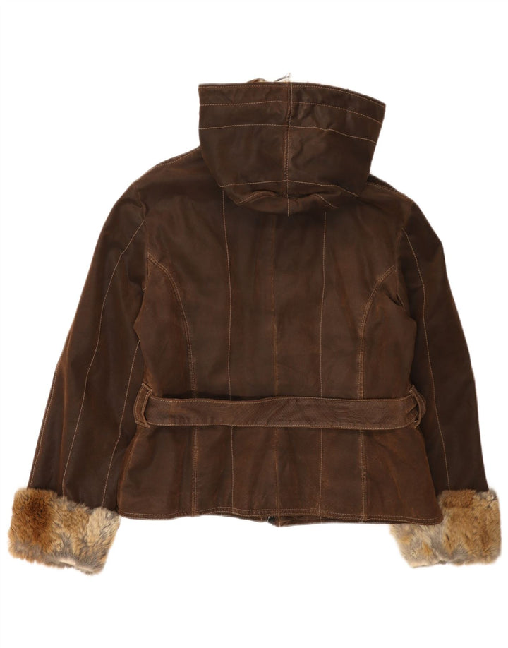 Chaqueta de cuero con capucha vintage para mujer IT 48 XL cuero marrón