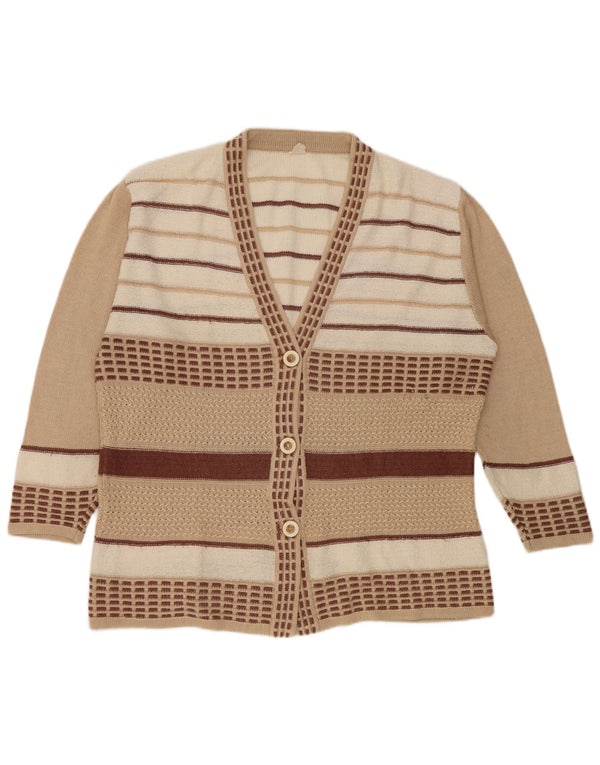 Vintage mujer 3/4 manga cardigan suéter Reino Unido 18 XL beige rayas viscosa