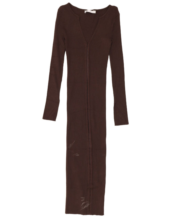 Zara Vestido Ajustado De Manga Larga Para Mujer UK 8 Small Viscosa Marrón