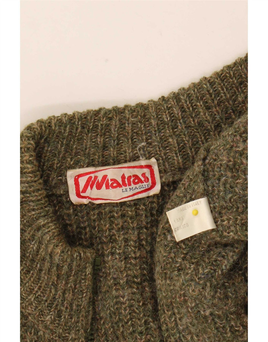 Vintage hombres completo zip cardigan suéter medio caqui moteado lana