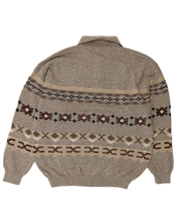 Malagrida Mens Polo Neck Jumper Sweater Large Grey Fair Isle Cotton