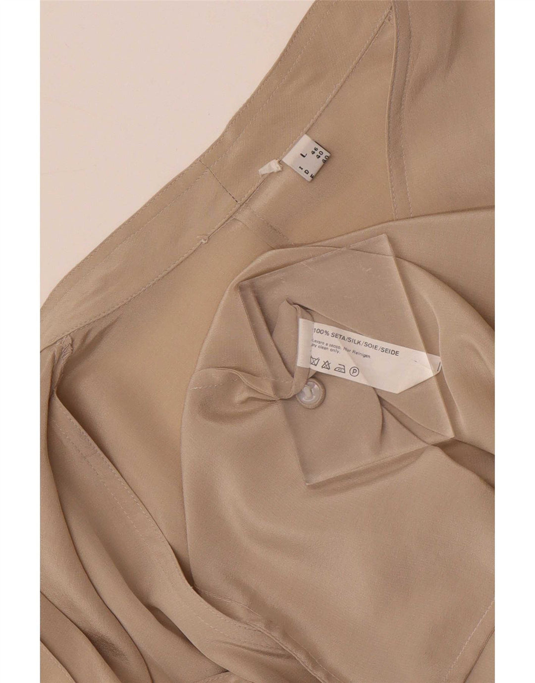 Vintage mujer frente corbata camisa blusa Reino Unido 14 seda beige grande