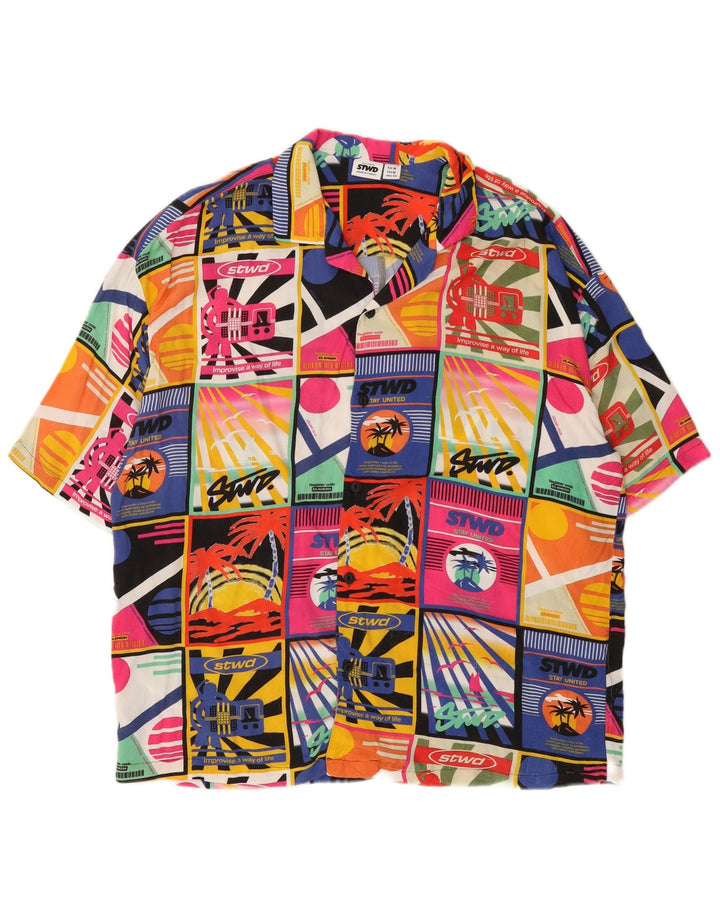 Pull & Bear Camisa estampada STWD para hombre, talla mediana, hawaiana con patchwork multicolor