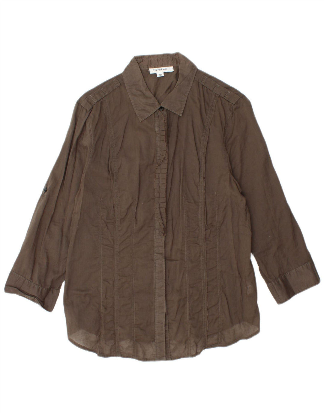 CALVIN KLEIN Camisa de manga 3/4 con volantes en la parte delantera para mujer UK 44 Grande Algodón marrón