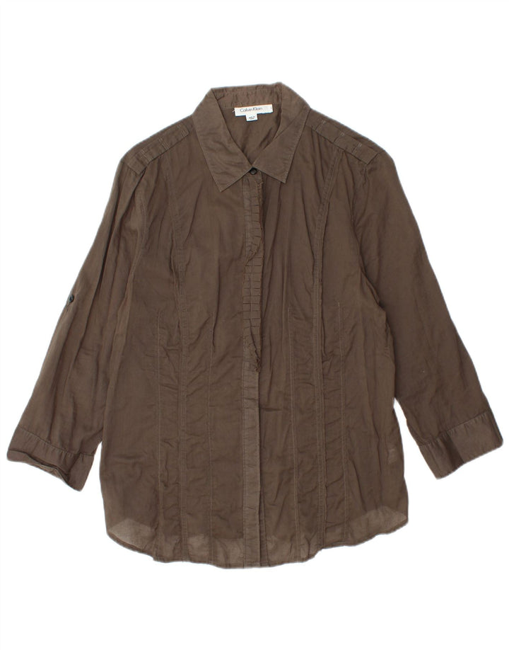 CALVIN KLEIN Camisa de manga 3/4 con volantes en la parte delantera para mujer UK 44 Grande Algodón marrón