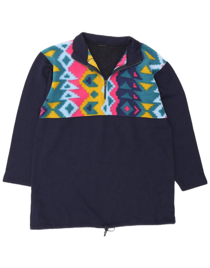 Vintage hombres zip cuello jersey chándal top grande azul marino geométrico
