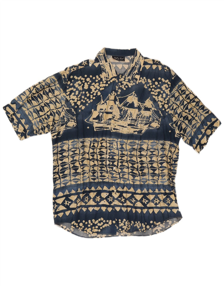Webb&Scott Camisa de manga corta con estampado abstracto para hombre, talla grande, viscosa azul marino