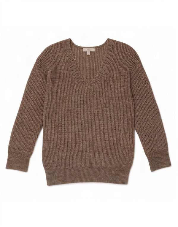Marks & Spencer Suéter con cuello en V para mujer UK 10 Small Marrón Poliéster