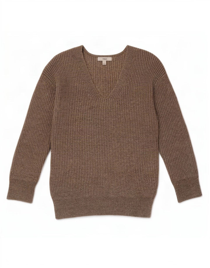 Marks & Spencer Suéter con cuello en V para mujer UK 10 Small Marrón Poliéster