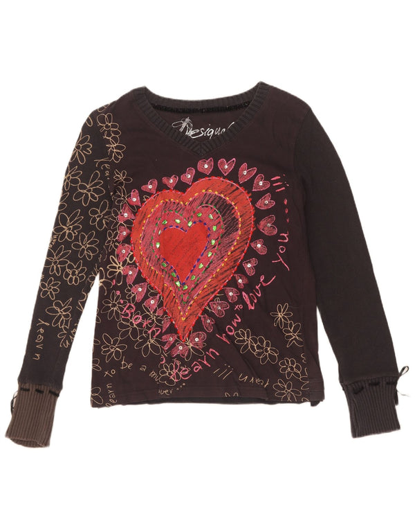 Desigual Mujer Gráfico Top Manga Larga UK 18 XL Negro Floral Algodón Corazón