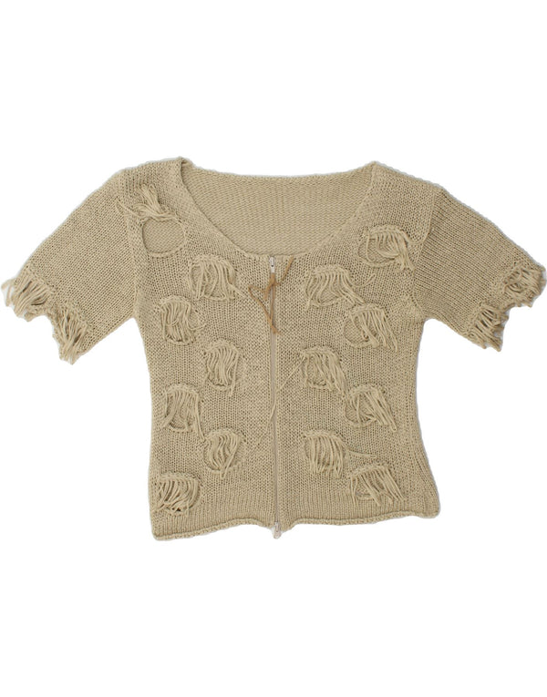 VINTAGE Mujer Manga Corta Cardigan Suéter Reino Unido 10 Pequeño Algodón Beige