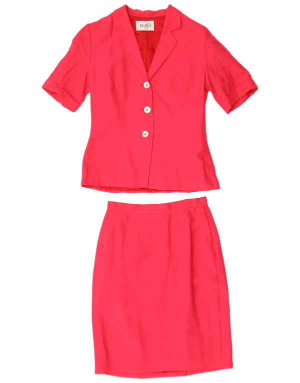 Vintage mujer 3 botones 2 piezas falda set Reino Unido 12 medio W28 lino rojo