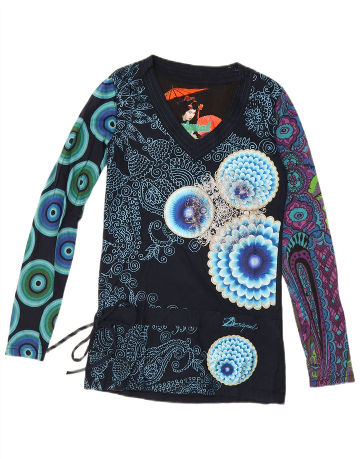 Desigual Mujer Gráfico Top Manga Larga Reino Unido 10 Pequeño Azul Marino