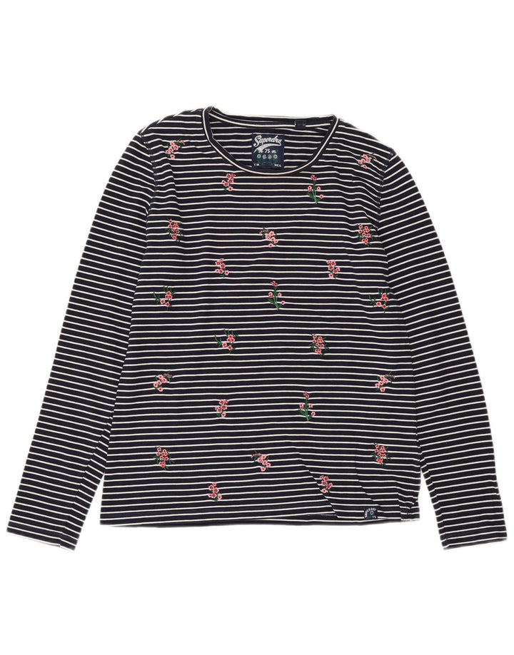 SUPERDRY Top de mujer de manga larga UK 40 Small Algodón a rayas azul marino