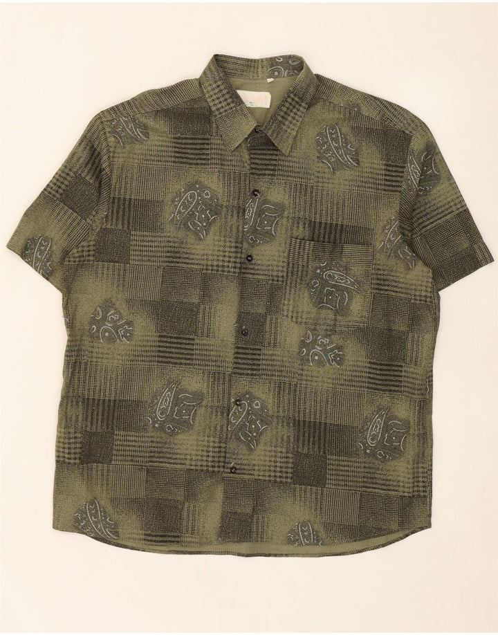 Camisa vintage de manga corta con estampado abstracto para hombre XL Viscosa caqui