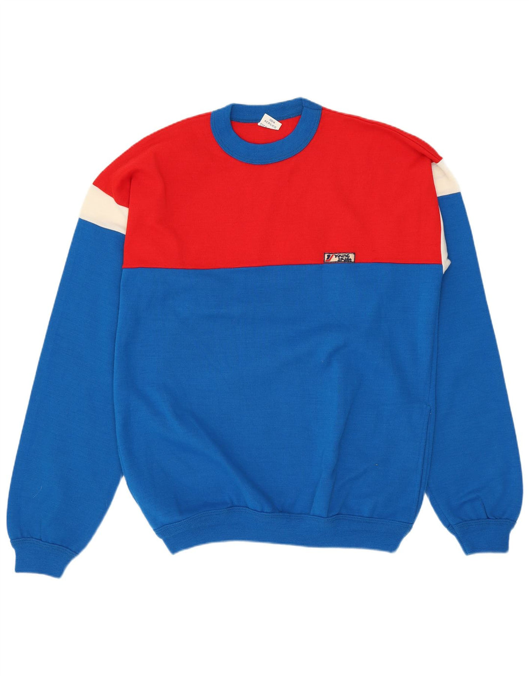 VINTAGE Jersey de cuello redondo para hombre suéter azul medio colorblock acrílico