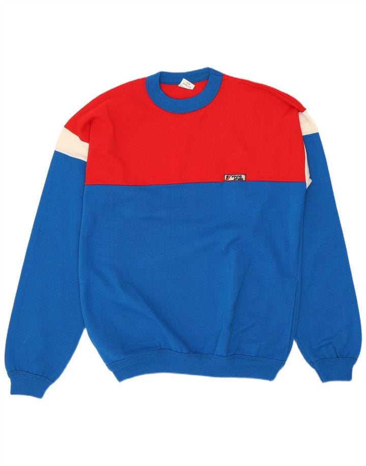VINTAGE Jersey de cuello redondo para hombre suéter azul medio colorblock acrílico