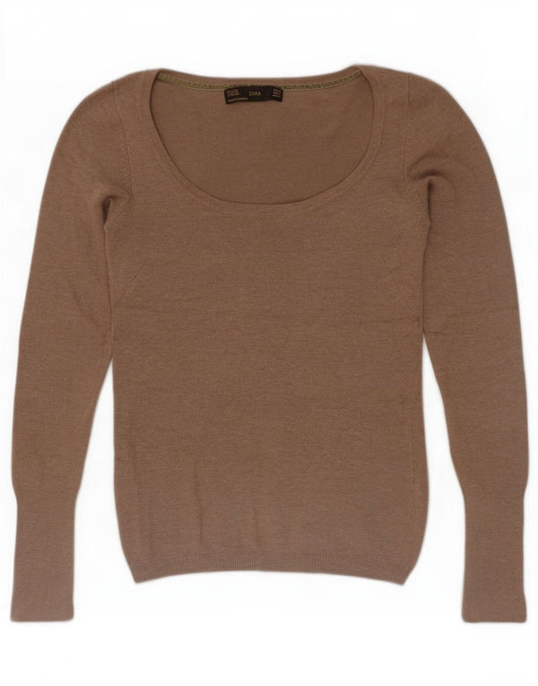 Zara Womens Boat Neck Jumper Sweater UK 8 Small Beige Rayon