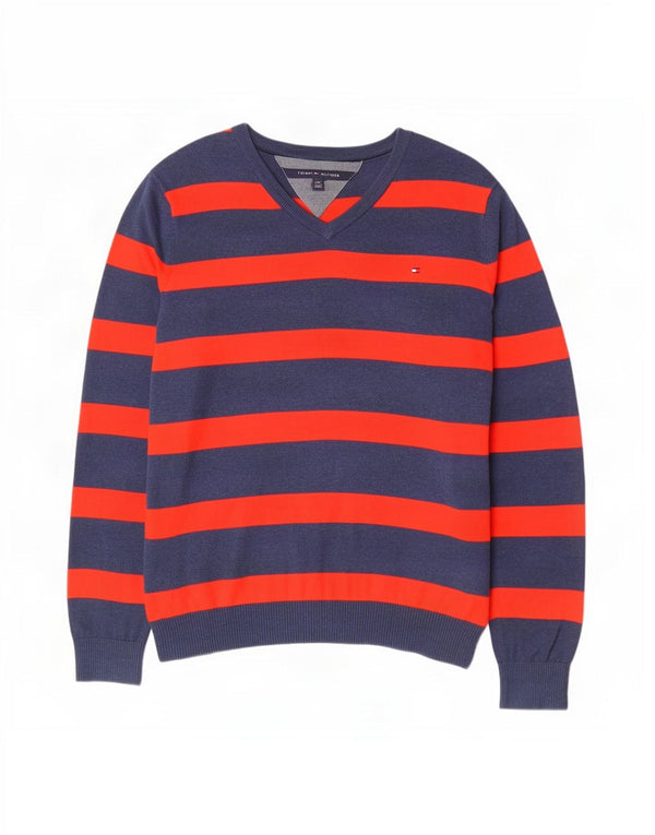 Tommy Hilfiger Mens V-Neck Jumper Sweater Large Navy Blue Striped Cotton