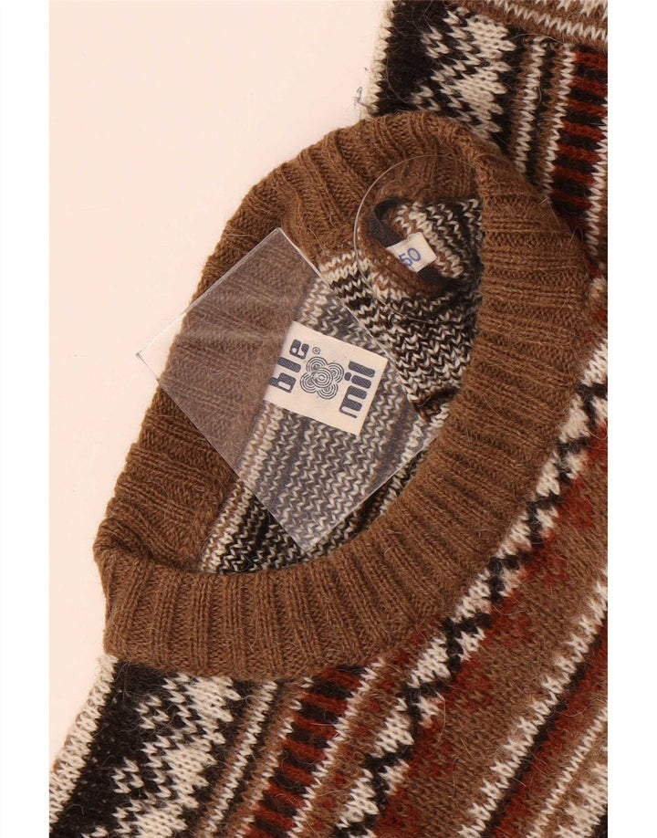 Vintage hombres cuello redondo jersey suéter IT 50 marrón medio Fair Isle