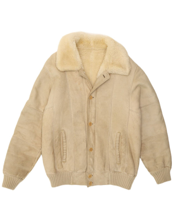 Vintage hombres shearling chaqueta Reino Unido 36 pequeño de cuero blanco
