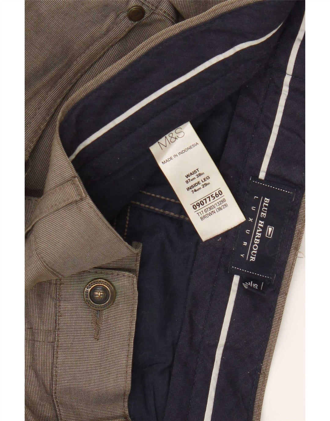 Marks & Spencer Pantalón chino azul Harbor para hombre W38 L29 Cuadros marrones