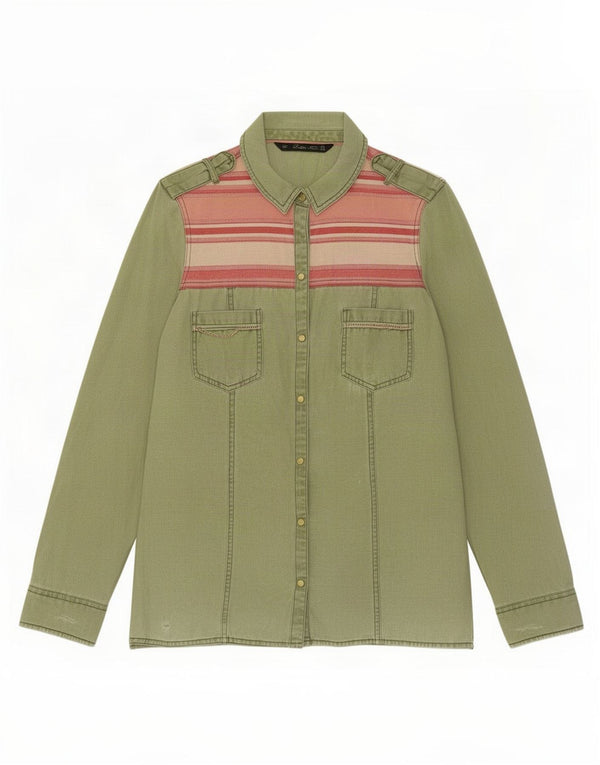 Zara Camisa Militar Mujer UK 40 Algodón A Rayas Verde Medio