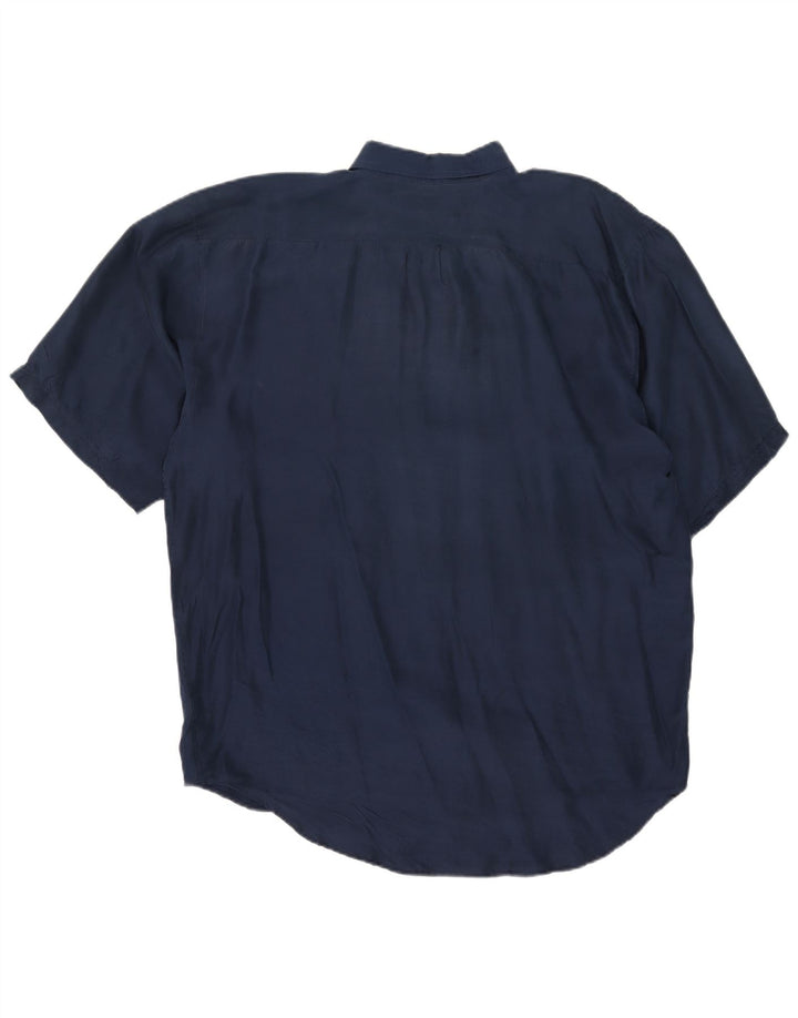 Camisa Vintage Hombre Manga Corta XL Seda Azul Marino