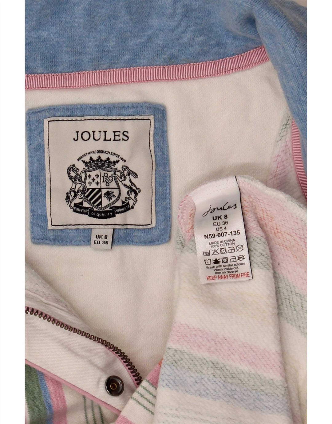 Joules Sudadera con cuello y cremallera para mujer, talla 8, talla pequeña, multicolor, a rayas