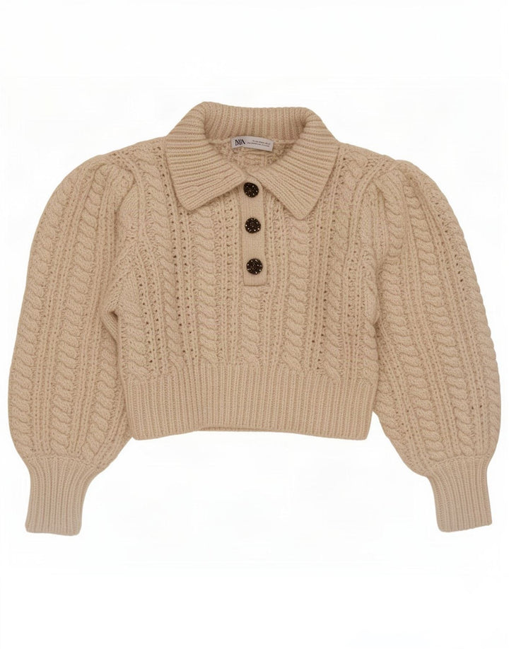 Zara Mujer Crop Polo Neck Jumper Sweater UK 44 Medio Beige Poliéster