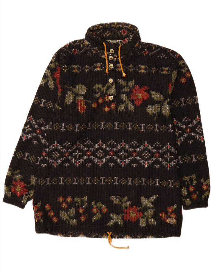 Vintage mujer botón cuello jersey suéter IT 48 XL poliéster floral negro