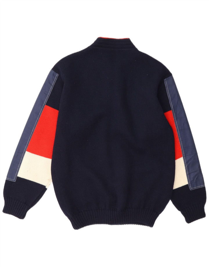 Vintage hombre cardigan suéter medio azul marino colorblock
