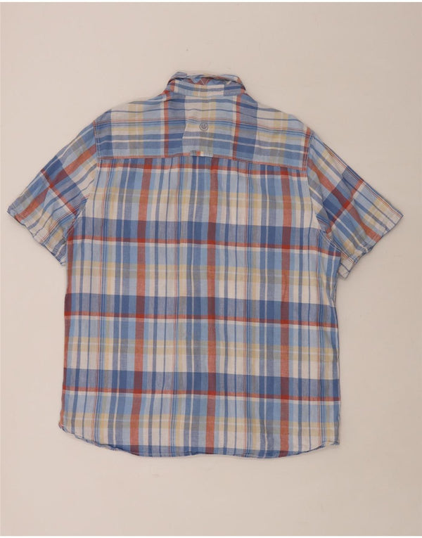 FAT FACE Camisa de manga corta para hombre de corte clásico de lino a cuadros azul grande