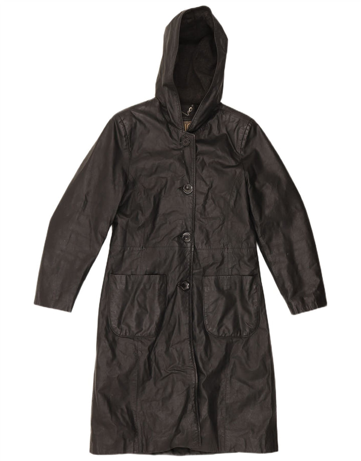 Abrigo de cuero con capucha vintage para mujer IT 44 Cuero negro medio