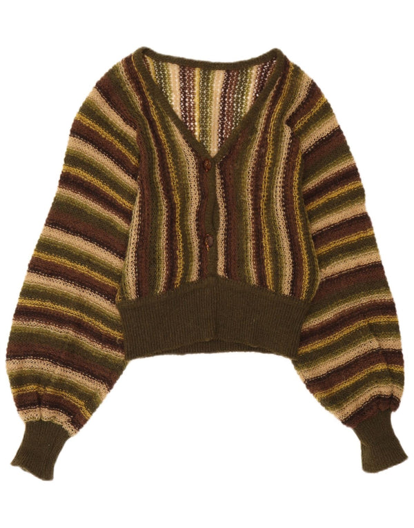 Vintage mujeres ver a través de V-cuello jumper suéter Reino Unido 14 grande caqui rayas