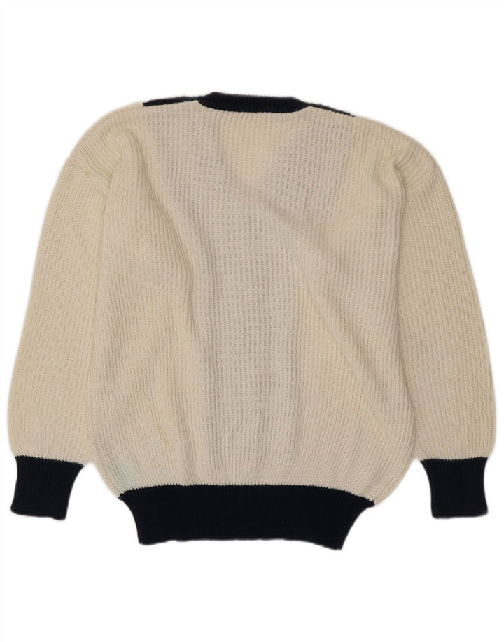 VINTAGE suéter de jersey con cuello en V para mujer Reino Unido 16 Bloque de color blanco grande