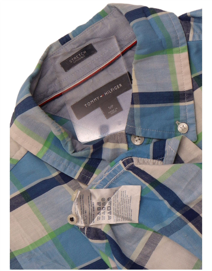 Tommy Hilfiger Camisa elástica para hombre de algodón a cuadros azules pequeños