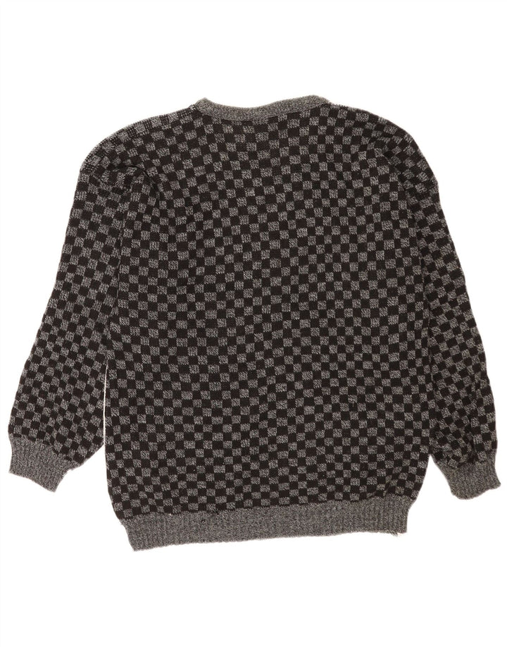 Vintage hombres barco cuello jumper suéter medio gris geométrico acrílico