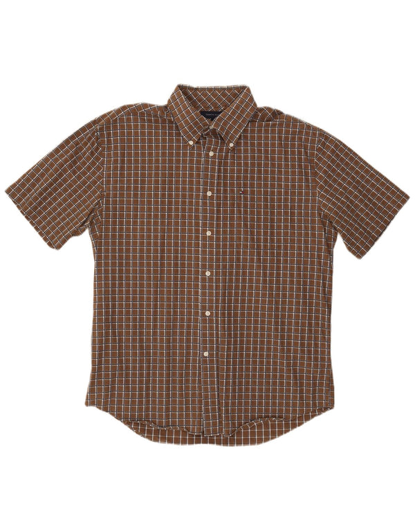 TOMMY HILFIGER Camisa de manga corta para hombre Large Brown Check Cotton