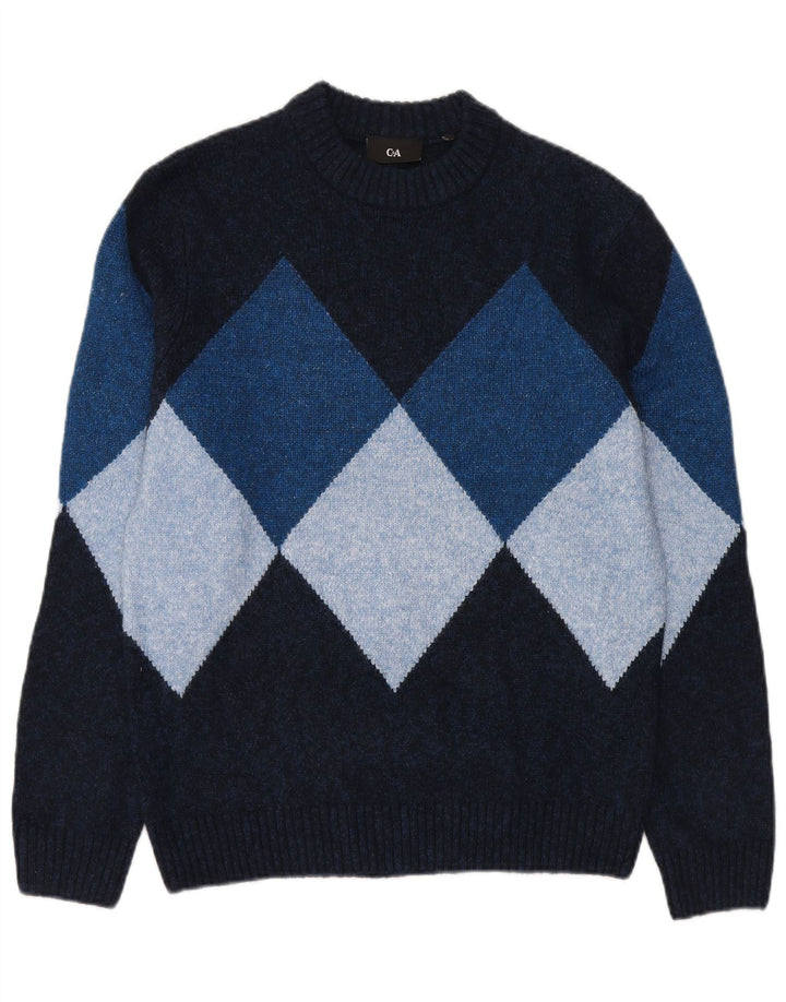 C & A - Jersey de cuello redondo para hombre, talla pequeña, azul marino, rombos/diamante