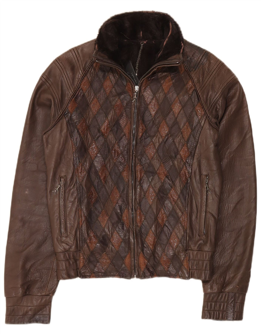 VINTAGE Chaqueta de cuero para mujer Reino Unido 14 Marrón medio Argyle/Diamond Leather