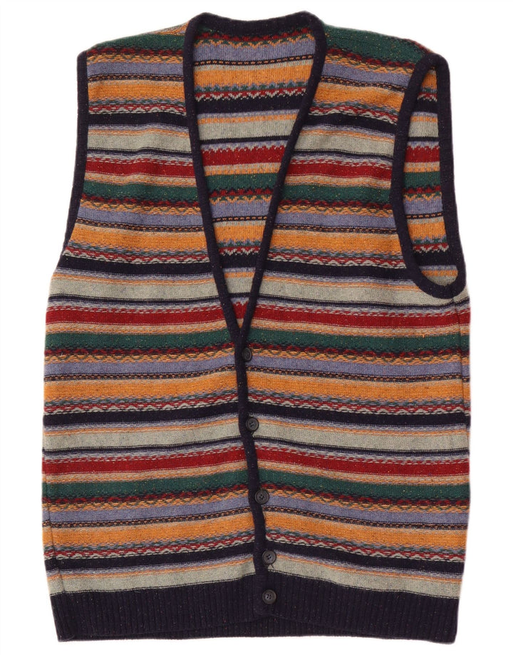 Vintage hombres sin mangas Cardigan suéter medio multicolor lana a rayas