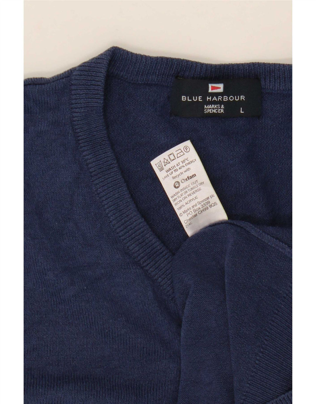 Marks & Spencer Suéter tipo jersey con cuello en V azul Harbor para hombre, talla grande, azul marino