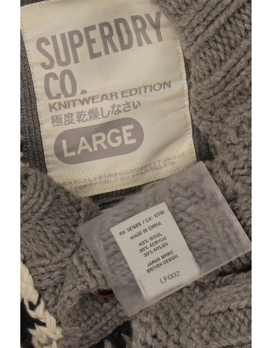 SUPERDRY Suéter tipo jersey con cuello y botones para hombre, lana Fair Isle gris grande