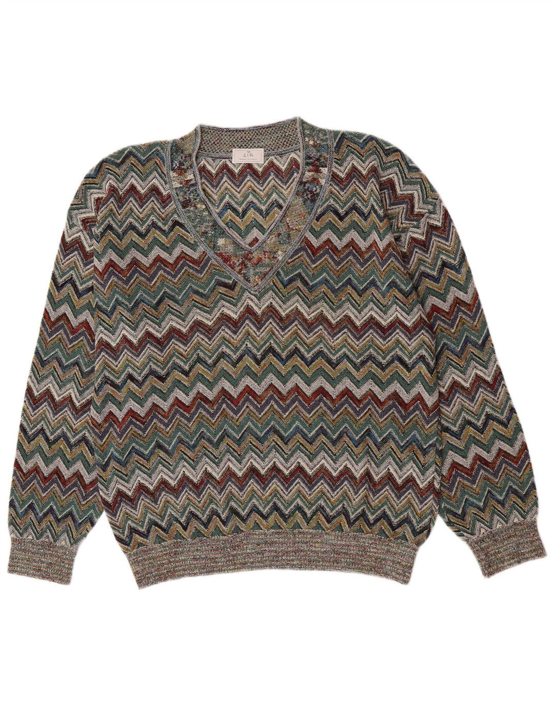Vintage hombres V-cuello jumper suéter grande multicolor Chevron acrílico