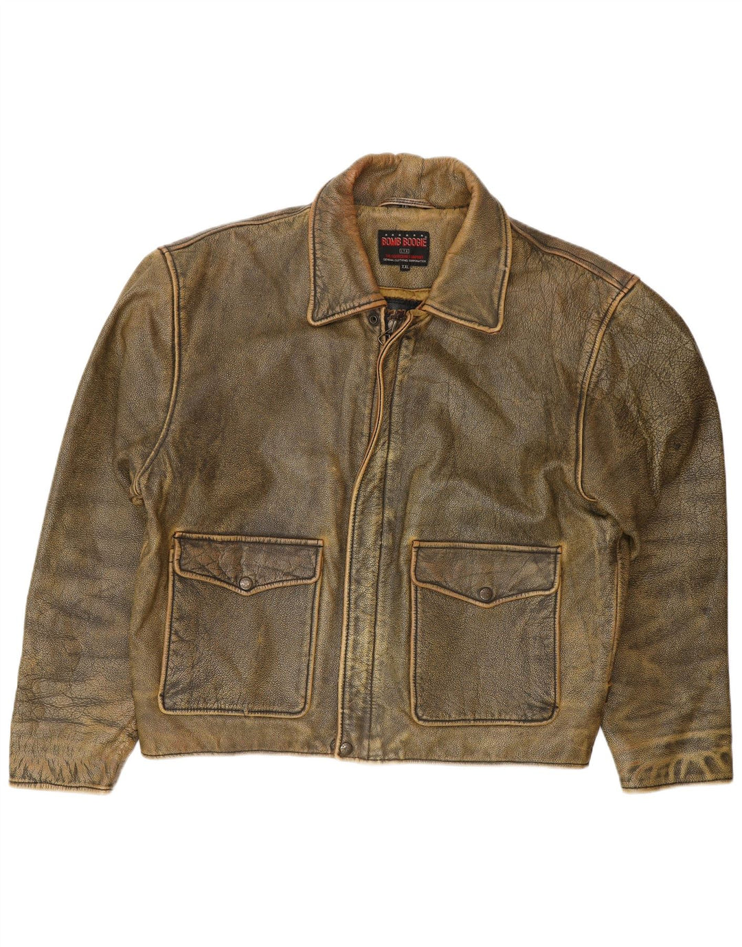 BOMB BOOGIE Chaqueta de cuero para hombre UK 44 2XL Motero de cuero marrón