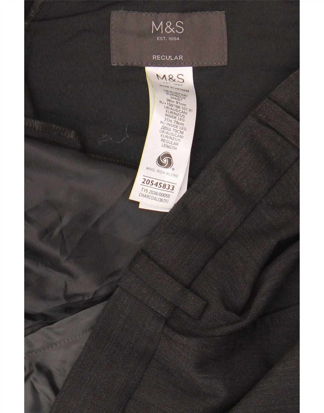 Marks & Spencer Pantalón de traje de corte regular para hombre W36 L31 Lana gris