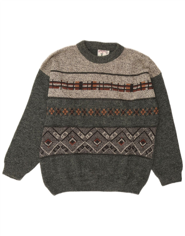 Vintage hombres cuello redondo jersey suéter IT 50 gris medio geométrico