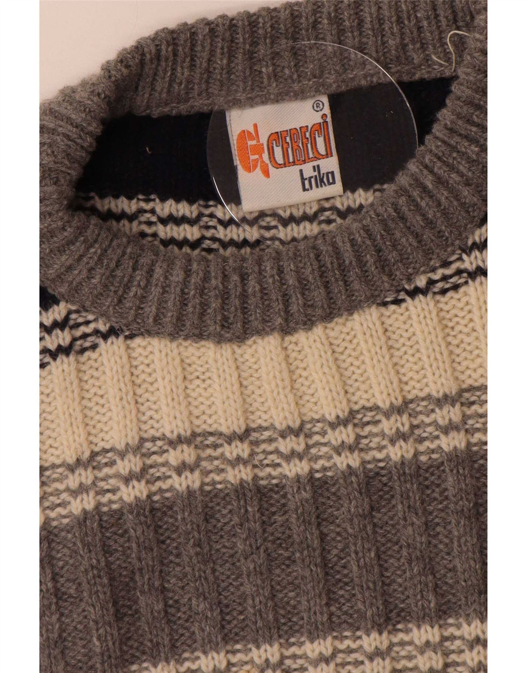 Vintage hombres cuello redondo jersey suéter grande gris rayas